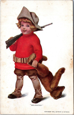 Bessie Pease Guttman Postcard - Child, Rifle, Teddy Bear - Roosevelt Delighted