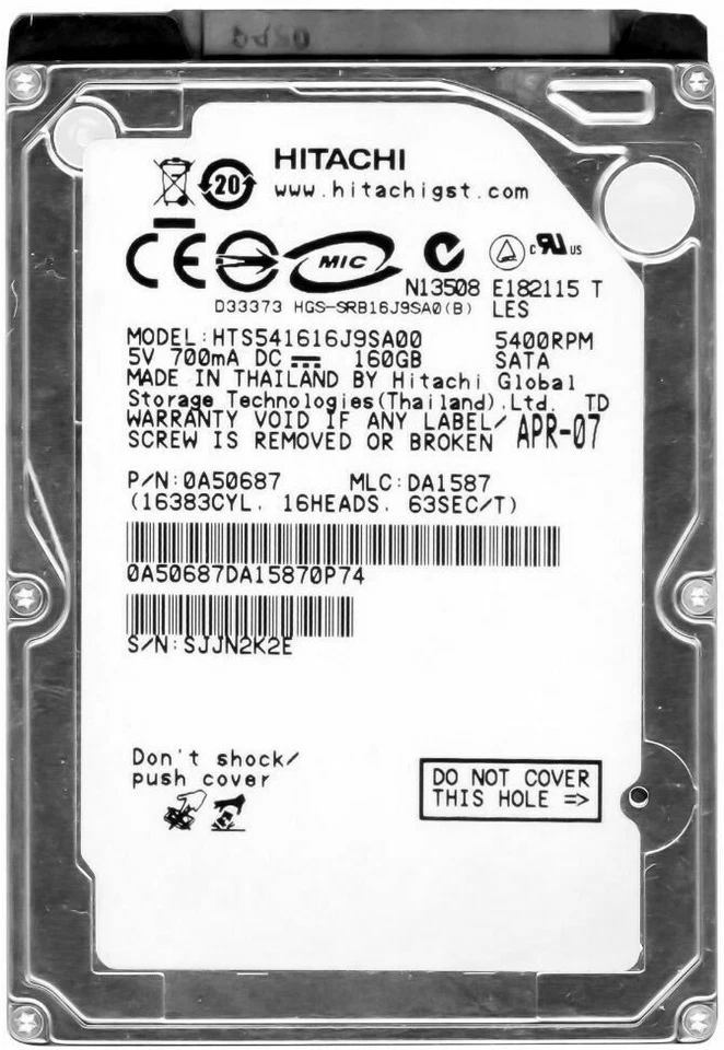 Disque Dur Hitachi Travelstar 5K160 HTS541616J9SA00 160GB 5.4K 8MB SATA 2.5'' - Photo 3/3