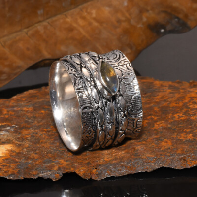 Labradorit Edelstein 925 Sterling Silber Ring Verstellbar Ringgröße AV_72