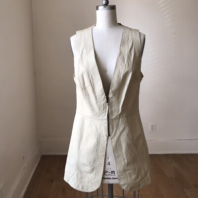 NWT  $205 illia ,Beige leather long vest Zip Leather Front Linen Back￼