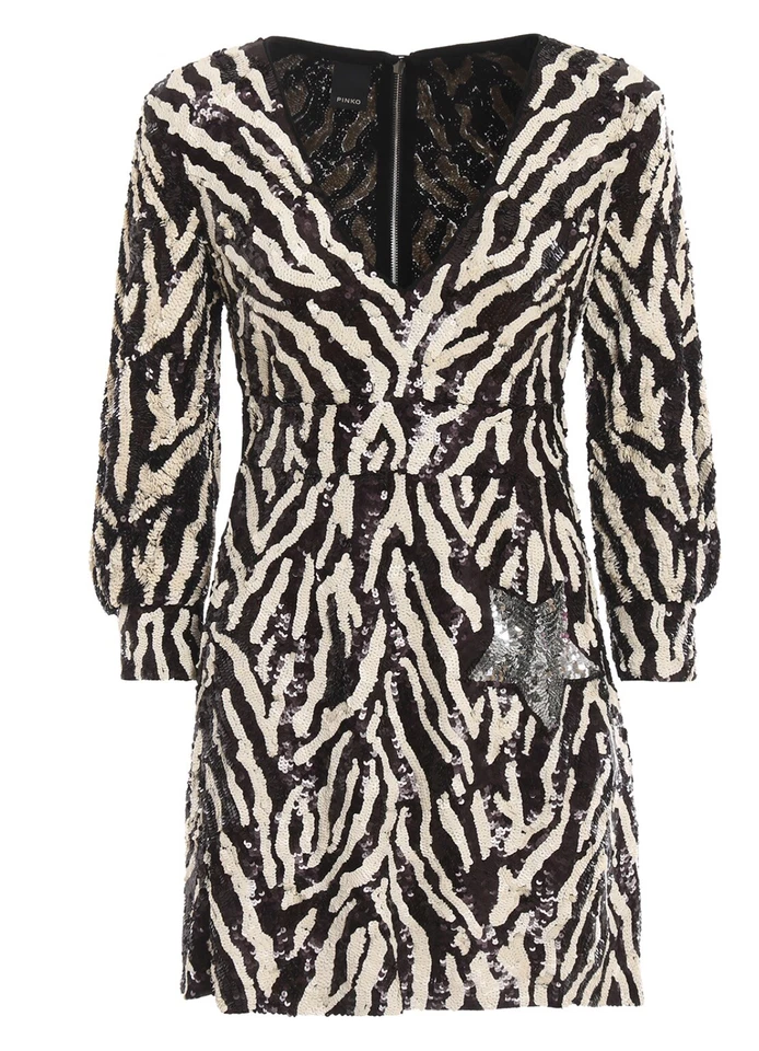 全新带标签 $642 Pinko Nuotare 斑马图案亮片连衣裙 尺寸:42(美国 6) — 第 3/4 张图片