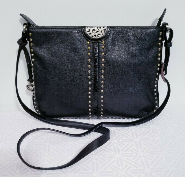 BRIGHTON Pretty Tough REX BLACK LEATHER Studded CROSSBODY MESSENGER BAG