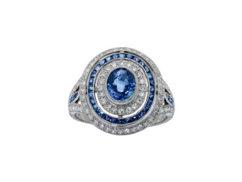 Art Deco Oval Sapphire Diamond Platinum Ring Antique Finish Natural 1.62 CTW - Picture 1 of 5