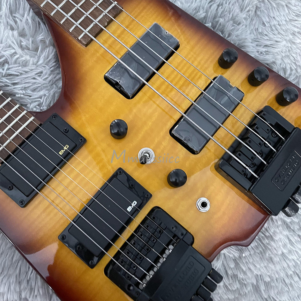 Double Neck Headless Electric Guitar & Bass Yellow Burst