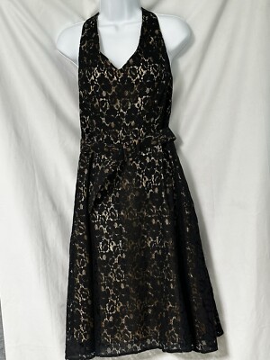 size 12 Black Cocktail Dress With Lace Overlay Belted  - Main Image