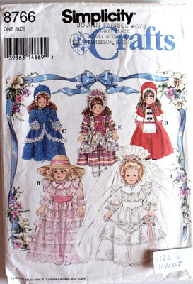 SIMPLICITY PATTERN 8766 EARLY AMERICAN 16 & 18'' DOLL CLOTHES PARTIALLY CUT