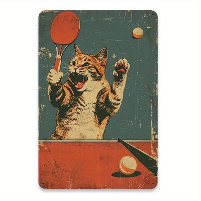 Vintage Tin Sign Tabby Cat Playing Ping Pong Cartoon Rustic Wall Decor Gift