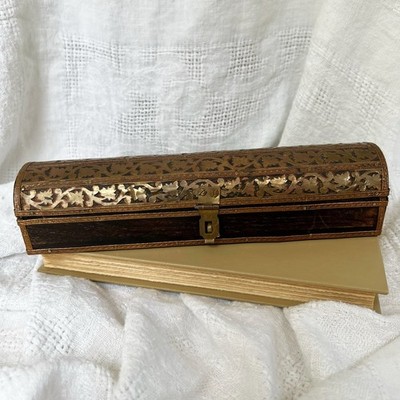 Vintage 70s Wooden Jewelry Box Brass Inlay Keepsake Chest Decorative Box