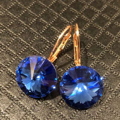 15mm Round Bella Earrings Bezel Set Blue Swarovski Crystal 18k Gold Plated