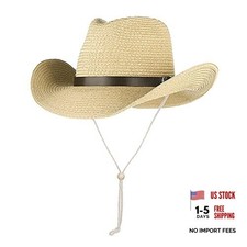 Wide Brim Straw Cowboy Hat for Men Women Western Cowgirl Sun Hat One Size Beige