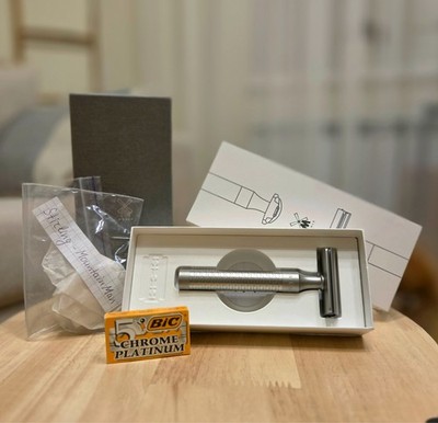 Muhle Rocca R94 Stainless Steel DE Razor + 5 BIC Blades + Stirling Soap Sample
