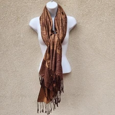 PASHMINA Scarf Brown Silk Blend Paisley Fringe Shawl Wrap