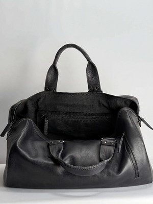 Genuine Pebbled Leather Duffle Bag Men's Black Weekender Travel Gym w/ Shoe Bag