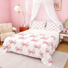 Kids Bed Sheet Set with Bows,Girls Full Size Pink Bowknot Sheets, Polyester F...