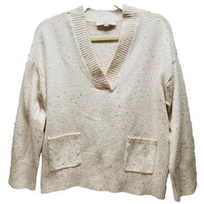 Loft V-Neck Sweater Women  s XS Light Pink Confetti Pocket Side Slit Pullover EUC