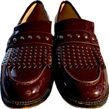 Botkier Victoria Studded Patent Leather Kiltie Fringe Loafers Burgundy Sz 7