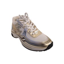 Chanel CC Logo Fabric Laminated Sneakers Gold Silver