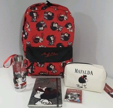 Set Mafalda Quino 16" Mochila de Viaje Escolar Botella, Estuche para Lápices Diario y Alfileres