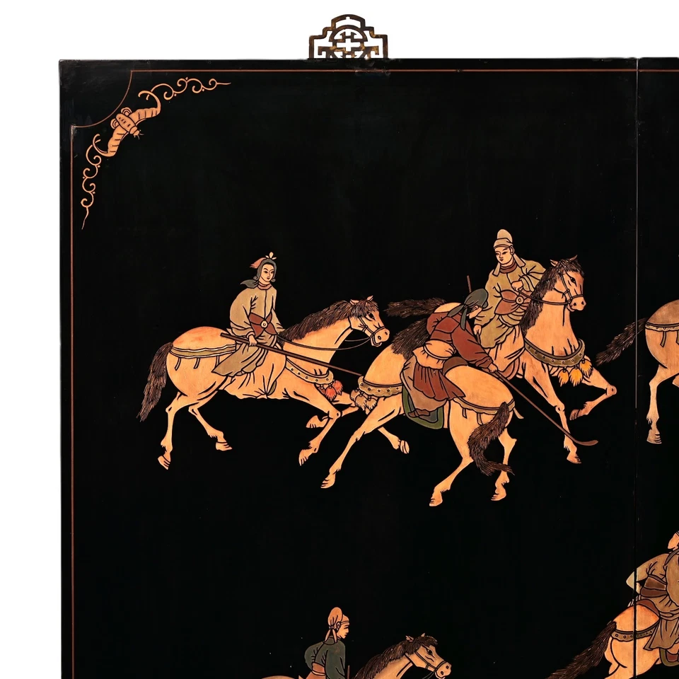 Painel de parede duplo chinês antigo original antigo pintura polo antigo díptico - Imagem 3 de 4