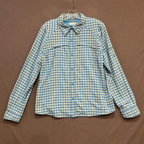 Columbia Button Front Shirt Women XL Blue Plaid Omni-Shade Hiking Long Sleeve