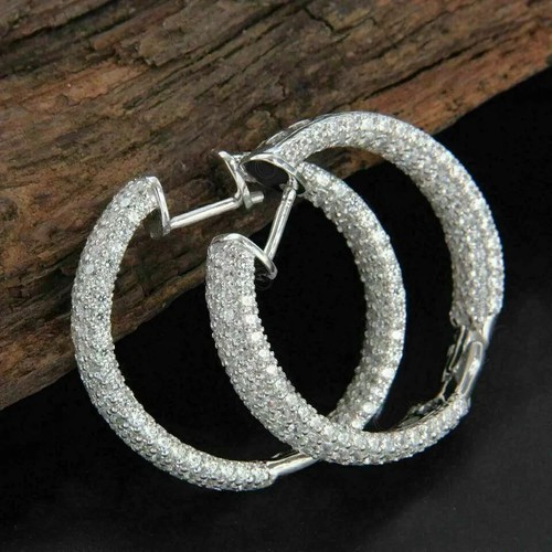 2Ct Round Created Diamond Women Cluster Huggie Hoop Earrings 14K White Gold Over - Picture 3 of 5