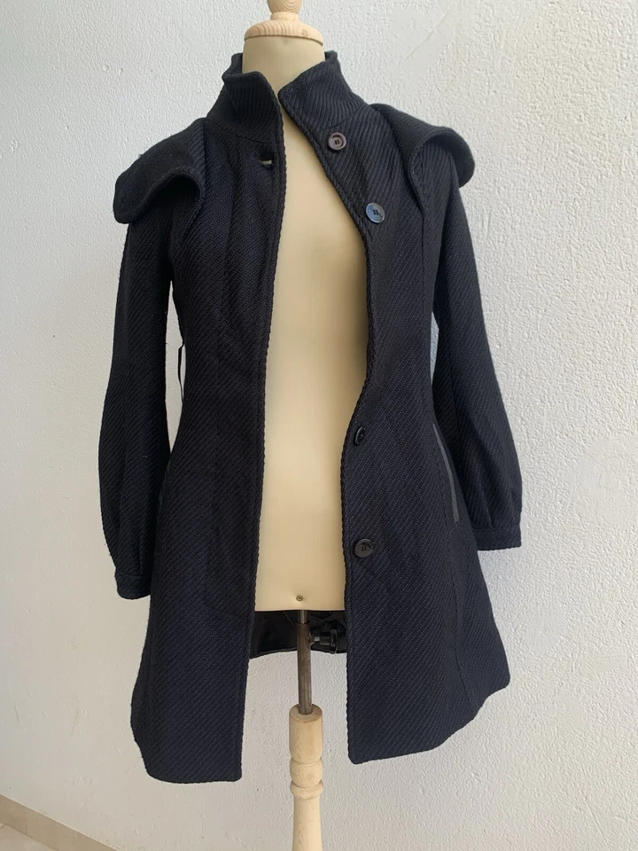 Abrigo Parka Mackage Talla Xs Negro Lana Cuero Borde Hecho en Canadá #Z28 Foto 2 de 4