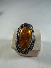 Vintage sterling Silver Large dome amber ring, unique designs, size 8.5