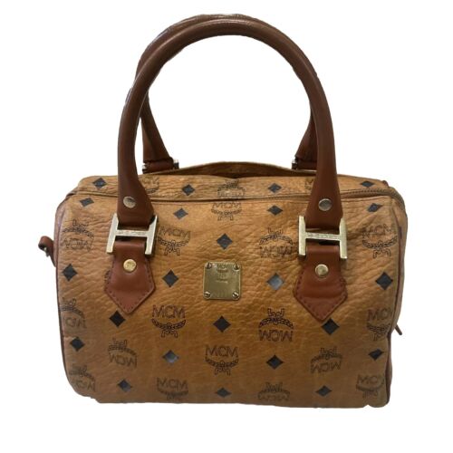 MCM Authentic Vintage Cognac Monogram Visetos Boston Bag Coated Canvas Small