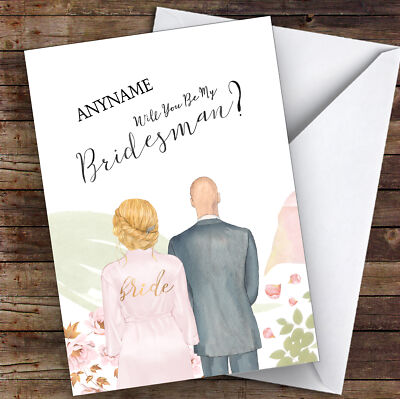 Personalisierte Hochzeitskarte Blond Hair Up Glatze weiß Will You Be My Bridesman