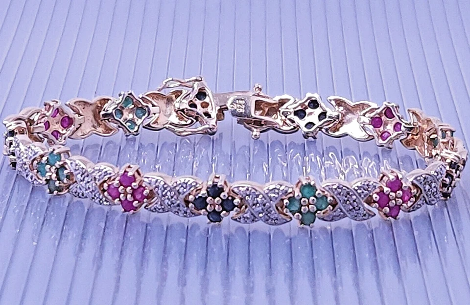 Vtg Sterling Silver GP Lab Created Gemstone Diamond Accent Tennis Bracelet 7" - Image 2 of 4