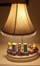 Vintage Nursery Table Lamp With Ceramic Bunnies on Train, Pastel colors 19X13 in