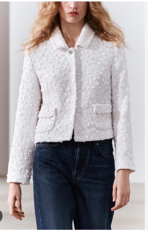 ZARA ビーズ付きホワイトショートジャケット size S new w tag New Zara Women Collection White Sequin Cropped Blazer Jacket