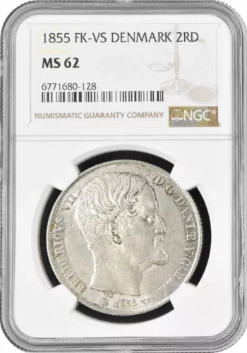 Denmark 2 rigsdaler 1855 VS, NGC MS62, "King Frederick VII (1848 - 1863)"