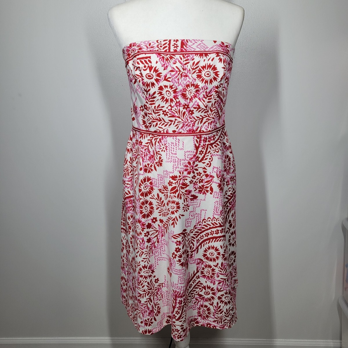 Y2K Liz Claiborne Red Pink White Floral Strapless A-Line Knee Length Dress 10