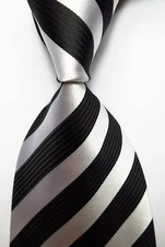 New Classic Striped Black White JACQUARD WOVEN 100% Silk Men's Tie Necktie
