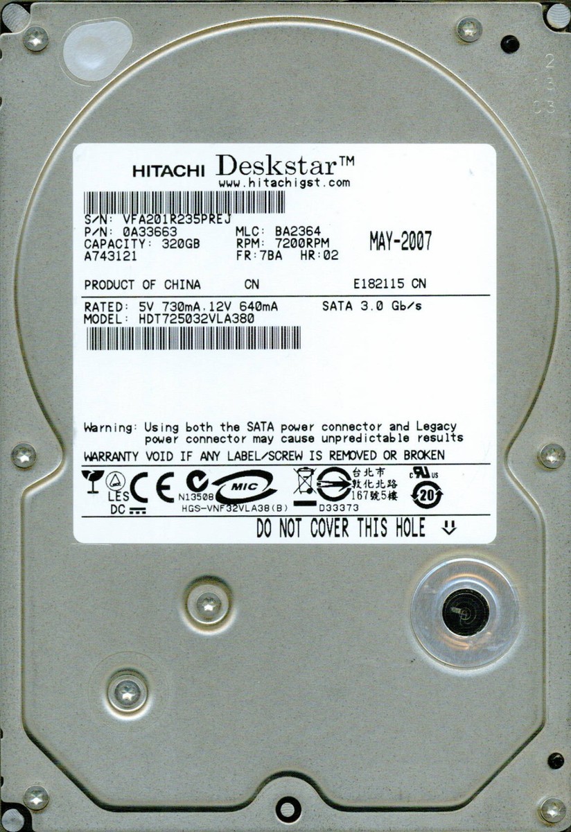 HITACHI SATA 320GB HDT725032VLA380 P/N: 0A33663 MLC: BA2364 | eBay