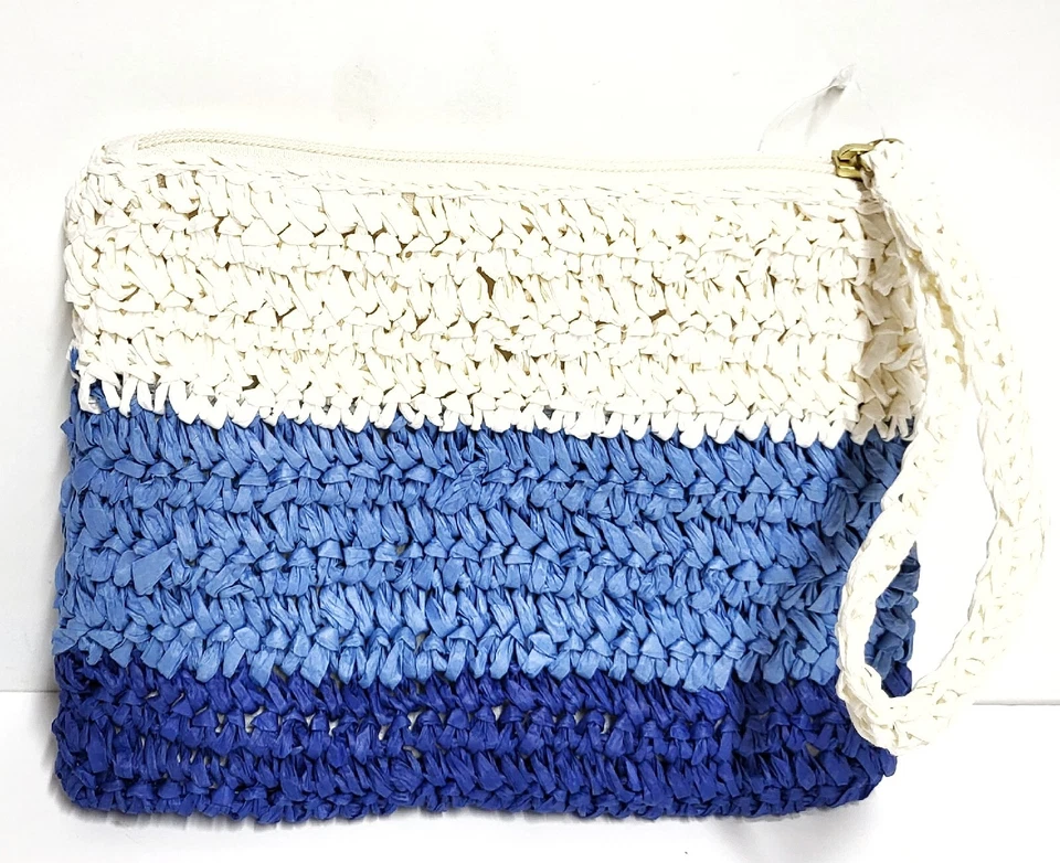 J.Crew Factory Striped Straw Wristlet Bag Blue Multi-Color Colorblock BN840 NWT - Image 2 of 4