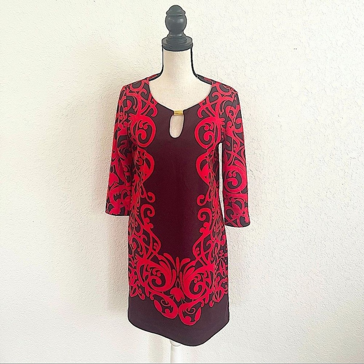 NEW YORK & COMPANY Womens Red Printed 3/4 Sleeve Ponte Knit Shift Dress  Small