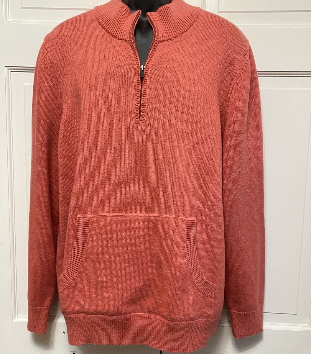 LL Bean Sweater Large Cotton Cashmere Orange Quarter Zip Mens