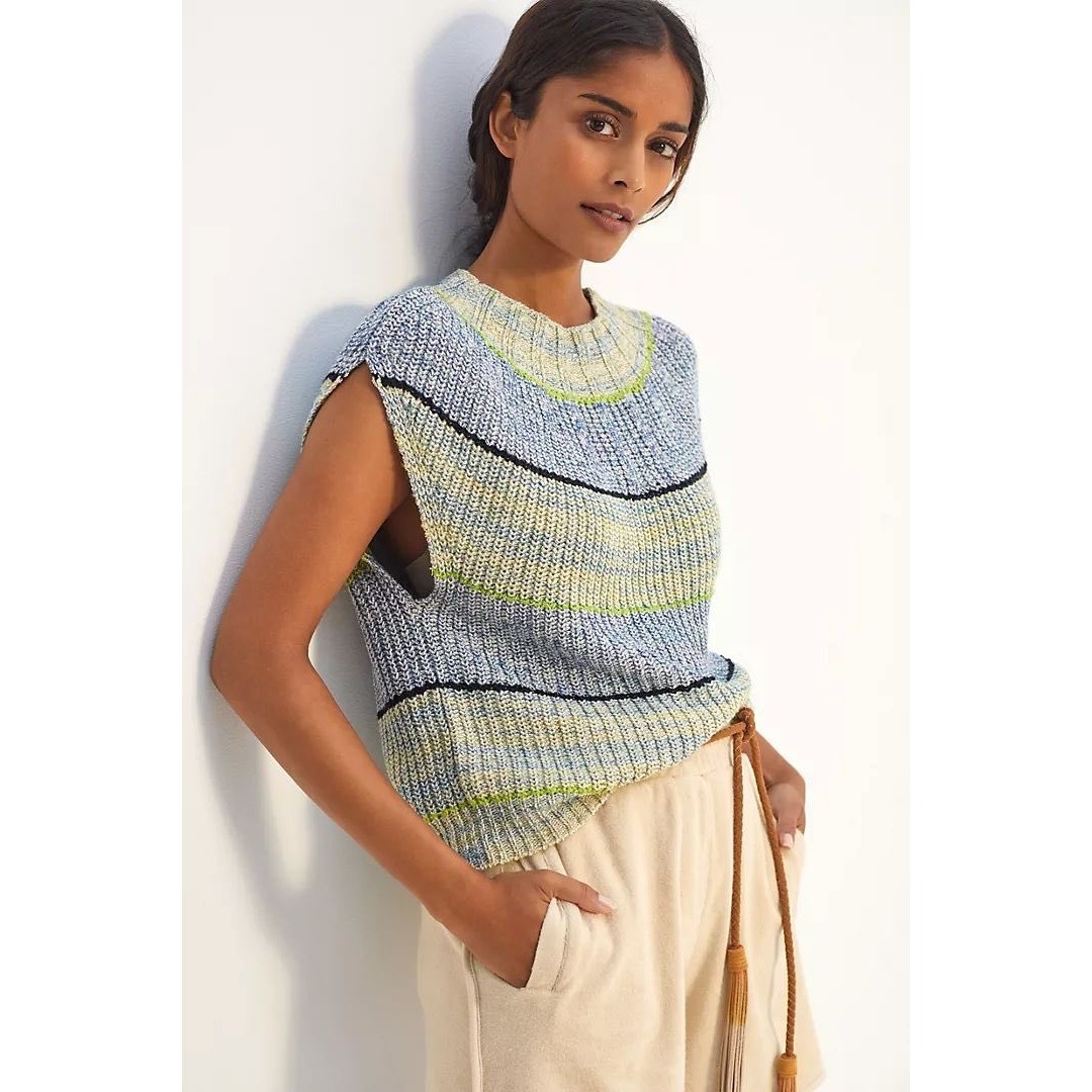 Daily Practice Anthropologie Blue Striped Ribbed Knit Sweater Vest Small