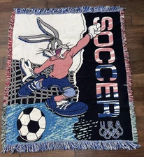 VTG Looney Tunes Bugs Bunny USA Olympics Soccer Throw Blanket 46x60" Made In USA