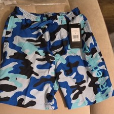 Reebok Men  s Blue/Gray/Black Camo Swim Shorts Size M Drawstring Pockets