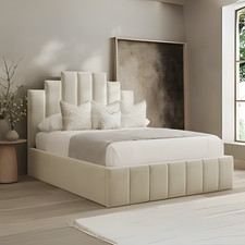 Art Deco Crown Panel Bed Frame Plush Velvet Upholstered Gas Lift Storage Double