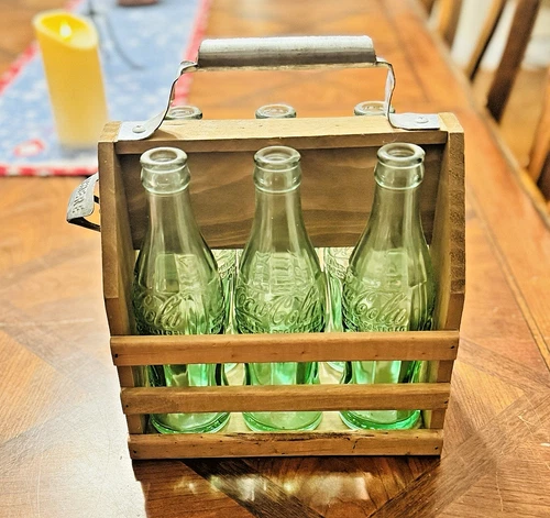 Vintage Woooden Coca-Cola Carrier with Bottle Opener & Vintage Coca-Cola Bottles