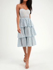 Lulus Dress Adorn Light Blue Lace Strapless Midi XSMALL