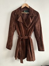 LAKELAND Vintage Brown Real Suede Leather Trench Coat Jacket UK 12 Made in UK