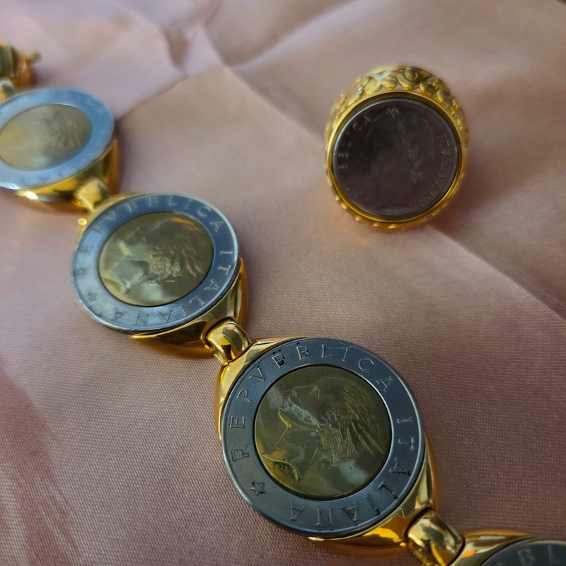 2pc Vintage Milor Italy 500 Lire Bracelet and Coin Ring Set