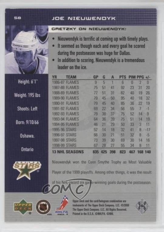 1999-00 Upper Deck Wayne Gretzky Hockey Joe Nieuwendyk #58 HOF - Image 2 of 2