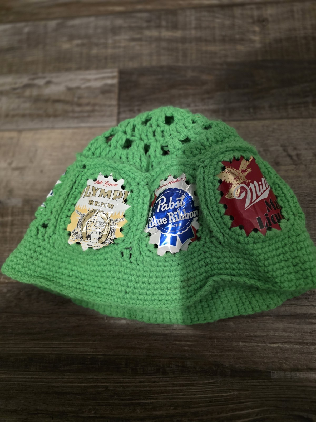Crocheted  Beer Can Knit Bucket Vintage Party Hat Green