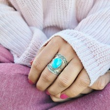 Genuine Larimar Ring 925 Sterling Silver Statement Ring Larimar Pectolite Ring